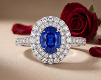 Anello di fidanzamento ovale con zaffiro blu e doppio alone, in oro bianco, con diamanti, placcato oro 14 carati e argento sterling. Regalo di compleanno per lei.
