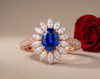 Anello ovale con zaffiro blu sintetico e pavé di diamanti, anello di fidanzamento floreale in vermeil d'oro 14 carati, argento sterling 925, regalo di compleanno per lei