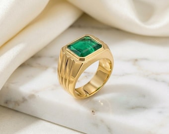 Emerald Signet Ring for Men Gold Statement Ring Green Gemstone Ring Luxury Jewelry Gift  925 Sterling Silver, 14K Gold Vermeil