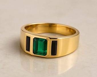 Lab Emerald Black Spinel Mens Signet Ring, 14K Gold Vermeil Ring, Emerald Cut Statement Ring, Gift for Him, Art Deco Ring