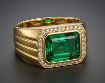 Emerald Signet Ring for Men Gold Statement Ring Green Gemstone Ring Luxury Jewelry Gift  925 Sterling Silver, 14K Gold Vermeil