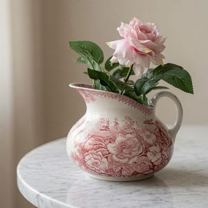 Pode incluir: Um jarro de cerâmica branca com um padrão floral vermelho detalhado de transferência e uma asa curva. Uma rosa artificial cor-de-rosa clara com folhas verdes está colocada dentro do jarro, sobressaindo do seu corpo largo e arredondado.