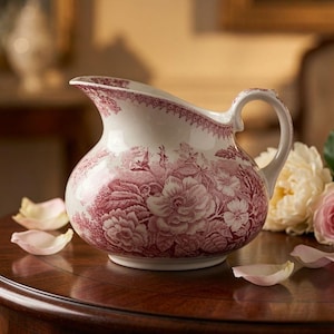 May include: A white ceramic pitcher featuring a detailed maroon floral pattern of roses and leaves. The vessel has a curved handle, a wide spout, and a decorative geometric border along the rim. The surface is glossy and smooth to the touch.