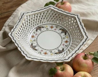 Antique Limoges Basket Bowl, Hand Painted Bird Porcelain, Openwork Fruit Bowl, French Decor Gift for Collectors, Early 1900s