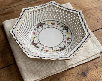French Antique Limoges Openwork Bowl – Hand Painted Bird & Flower Porcelain Basket