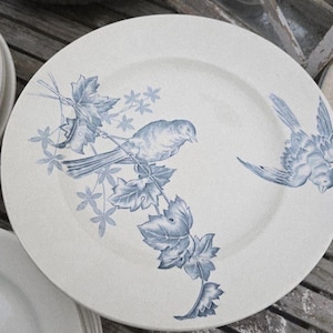 Può includere: Un piatto rotondo in ceramica color bianco sporco con un motivo blu a trasferimento. Il design raffigura un uccello appollaiato su un ramo frondoso con piccoli fiori a forma di stella e un secondo uccello in volo sul lato destro del piatto.