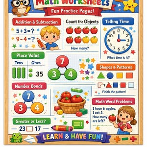 Könnte beinhalten: Ein farbenfrohes Mathe-Arbeitsblatt-Poster für die 1. Klasse mit lustigen Übungsseiten. Enthält Addition, Subtraktion, Stellenwert, Zählen von Objekten, Zeitangabe, Formen, Muster und Textaufgaben. Mit Illustrationen von Eulen, Kindern, Äpfeln und Sternen.