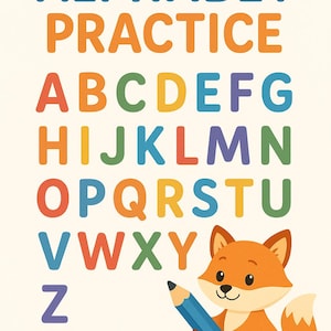 以下が含まれることがあります： 「ALPHABET PRACTICE」の文字が書かれた、カラフルな教育用ポスター。アルファベットは虹色で表示されています。青い鉛筆を持った漫画のキツネが描かれています。