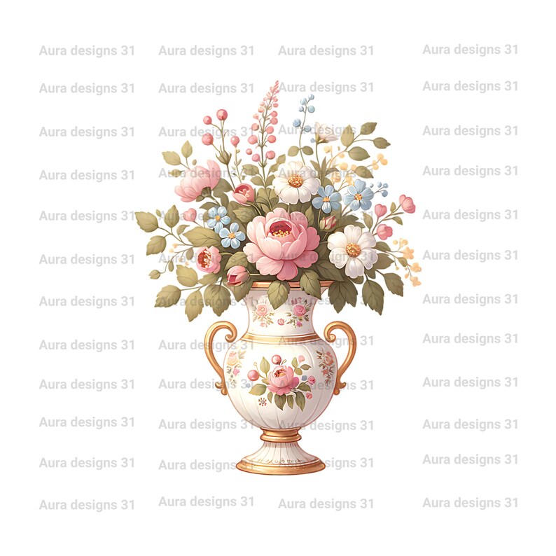 Vintage Floral Vase Clipart, Watercolor Flowers PNG (digital Download ...