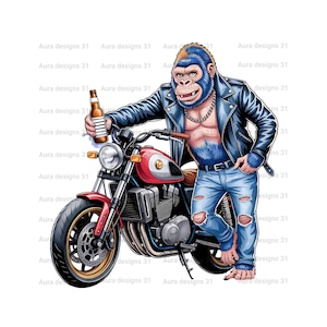 Puede incluir: Ilustración de dibujos animados de un gorila con una chaqueta de cuero negra, jeans azules y una cadena plateada, apoyado en una motocicleta roja y negra mientras sostiene una botella de cerveza. El gorila tiene pelaje azul y una expresión sonriente.