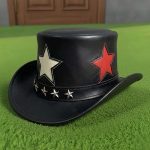 Handgjord svart läderstjärna cylinderhatt Steampunk Gothic Rockstar Cosplay Hatt