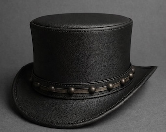 Handmade Black Leather Top Hat Steampunk with Studded Band Bold Western Gothic