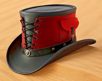 Handmade Steampunk Top Hat / Black & Red Leather Victorian costume cosplay Hat