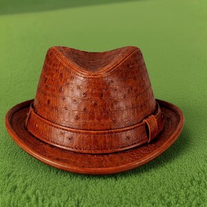 May include: A brown fedora hat with a textured surface and a band around the crown. The hat has a classic brim and is made of a leather-like material. The hat is set against a green background.