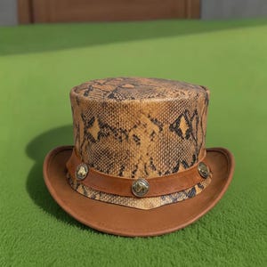 May include: A brown top hat with a snakeskin pattern on the crown and a brown leather brim. The hat features a brown leather band with three silver-colored decorative buttons. The hat is sitting on a green surface.