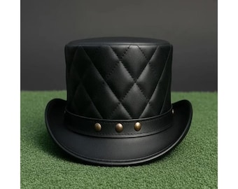 Handmade Men's Black Leather top Hat Steampunk Studded Gothic Look