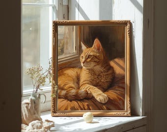 Arte de pared imprimible de gato pelirrojo, póster de gato descargable digitalmente, adorable decoración para el hogar de gato atigrado naranja.