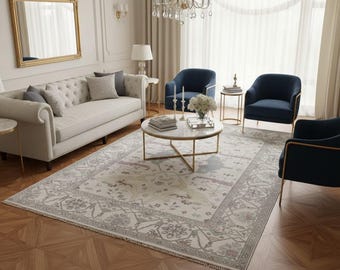 Neutral Vintage Style Area Rug, Soft Botanical Pattern Carpet, Cream Beige Living Room Rug