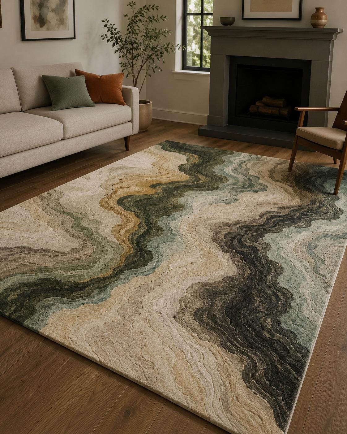Modern Abstract Marble Area Rug - Neutral Cream & Charcoal Swirl Carpet, Living Room Rug