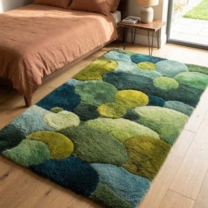 Abstract Green Pebble Area Rug, Hand-Tufted Modern Shag Carpet, Organic Circle Pattern Rug