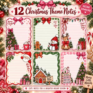 以下が含まれることがあります： クリスマスをテーマにした12枚のメモセット。罫線入りの6種類の長方形の便箋デザインが含まれています。イラストには、装飾されたツリー、ジンジャーブレッドマン、雪だるま、トナカイ、サンタクロース、ジンジャーブレッドハウス、プレゼントが描かれています。