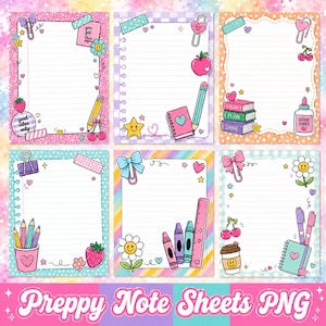 May include: Six rectangular note sheets featuring lined paper with colourful borders and illustrations including bows, hearts, stars, flowers, cherries, strawberries, pencils, crayons, books, and stationery items. The text includes "you got this", "good vibes only", "dream", "plan", "shine", and "good vibes".