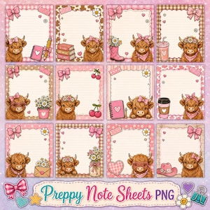 May include: A collection of twelve digital note sheets featuring illustrations of brown highland cows, pink bows, flowers, and stationery items. Each rectangular sheet has lined paper with decorative borders in various pink and brown patterns.