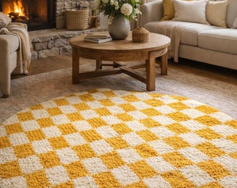 Handgefertigter runder karierter Wollteppich - Boho Luxuriöser Wohndekor-Teppich