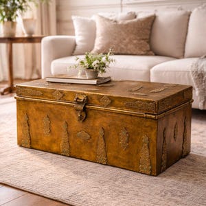 Moroccan Vintage Trunk Coffee Table – Brass Decor Chest, Storage Ottoman; Parisian Boho Furniture