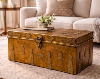 Moroccan Vintage Trunk Coffee Table – Brass Decor Chest, Storage Ottoman; Parisian Boho Furniture
