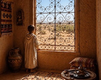 Conjunto de decoración marroquí para ventanas y paredes - Rejas de hierro y madera rústicas - Paneles colgantes de estilo bohemio campestre