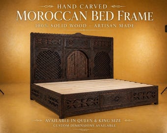 Hand Carved Moroccan Solid Wood Bed Frame - Boho Bedroom Decor