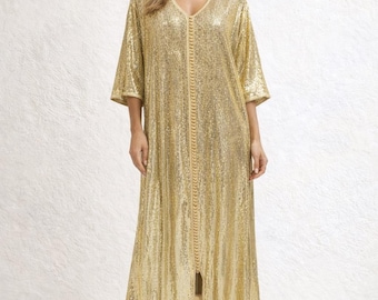FashionVintage Gold Sequin Moroccan Kaftan - Handmade Luxury Traditional Dress