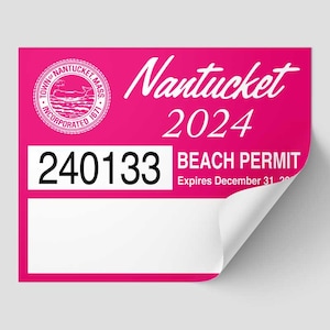 May include: Pink beach permit sticker with the text "Nantucket 2024 Beach Permit" and the permit number "240133". The sticker also features a seal with the text "Town of Nantucket, Mass. Incorporated 1671".