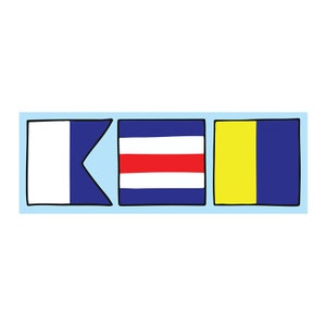 May include: Three nautical signal flags, one white with a blue triangle, one blue with a red horizontal stripe, and one yellow with a blue vertical stripe.