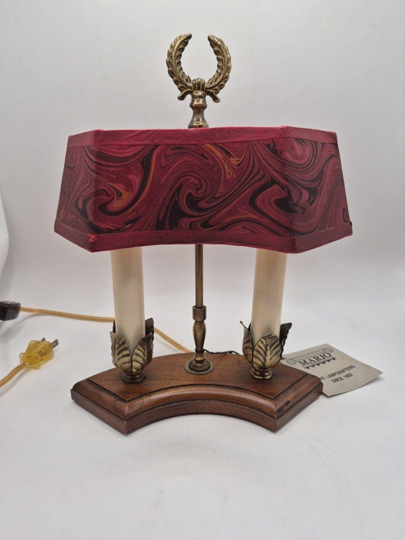 Vintage Mario Lampcrafters Bouillotte Brass And Wood Table Lamp 2 Candle Lights image 1