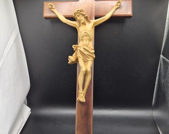 Crucifijo de Jesucristo tallado en madera, decoración cristiana de pared, grande, 20.5", vintage.