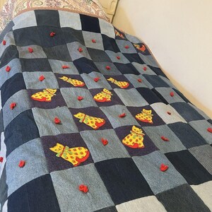Vintage Patchwork Denim Quilt Heavyweight Cats And Chickens 67.5 X 65.5