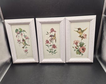 3 Vintage Carolyn Shores Wright gerahmt Kolibri Blumendruck 1992 1995
