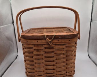 Cestino da picnic quadrato vintage Longaberger con manici a cerniera e chiusura a scatto, 1992