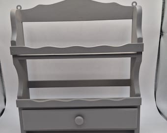 Vintage Two Tiered Spice Rack Trinket Wall Shelf Gray With Drawer Farmhouse Cottage
