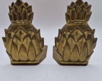 Vintage Pair Brass Pineapple Bookends 6"×3.5" Hollywood Regency Style