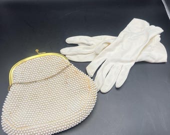 Vintage Corde-Bead by Lumured Evening Bag/ Clutch With Gloves Ivory/Gold Trim