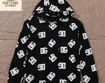 Sudadera con capucha negra con estampado integral, sudadera con estampado de monograma, jersey unisex de calle