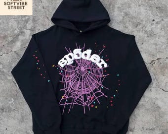 Moletom com capuz unissex com estampa de teia de aranha preta e colorida, estilo streetwear gráfico.