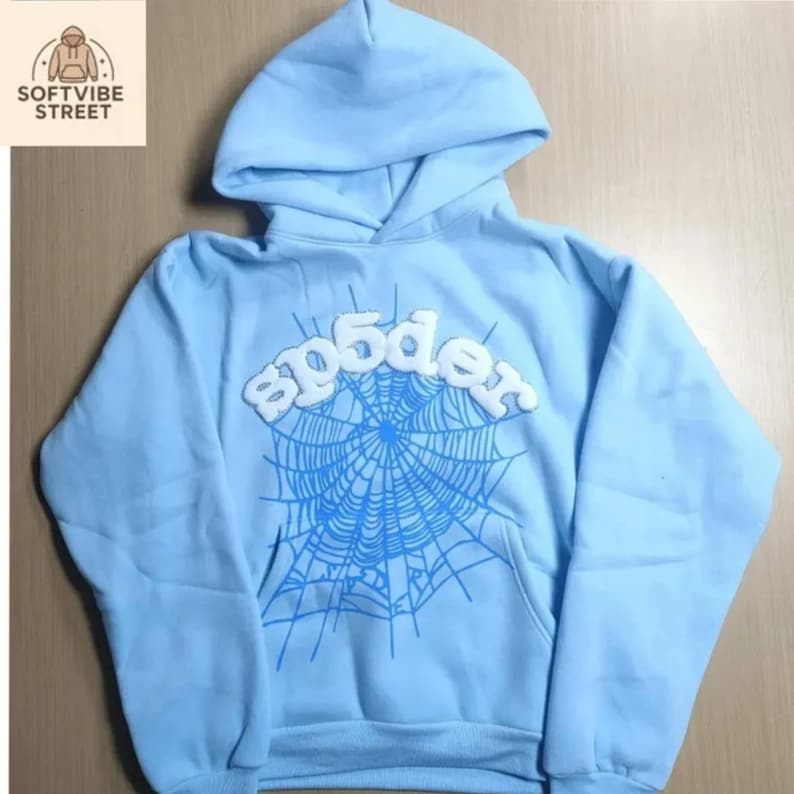 Sudadera con capucha de telaraña azul cielo, sudadera unisex con estampado gráfico de ropa urbana imagen 1