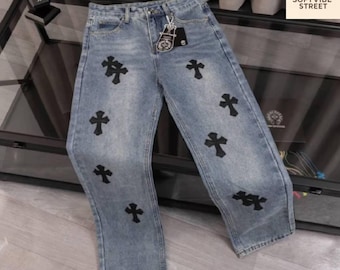 Vaqueros azules con parche cruzado de mezclilla / Pantalones góticos Y2K