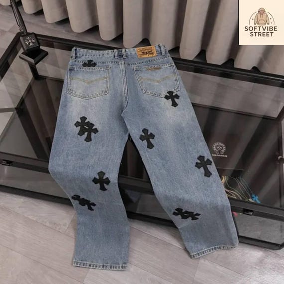 Blue Denim Cross Patch Jeans | Gothic Streetwear Y2K Pants - Etsy
