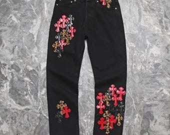 Trendy slim-fit modieuze zwarte jeans met kruispatch | Streetwear denim broek met print | Geborduurde jeans