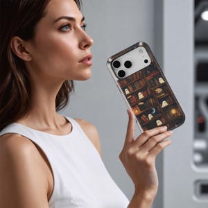 Puede incluir: Funda de tel&eacute;fono inteligente con un dise&ntilde;o de estanter&iacute;a llena de libros, fantasmas y una luna creciente. La funda tiene un fondo oscuro con iluminaci&oacute;n c&aacute;lida, creando una est&eacute;tica acogedora y espeluznante. La funda la sostiene una persona.